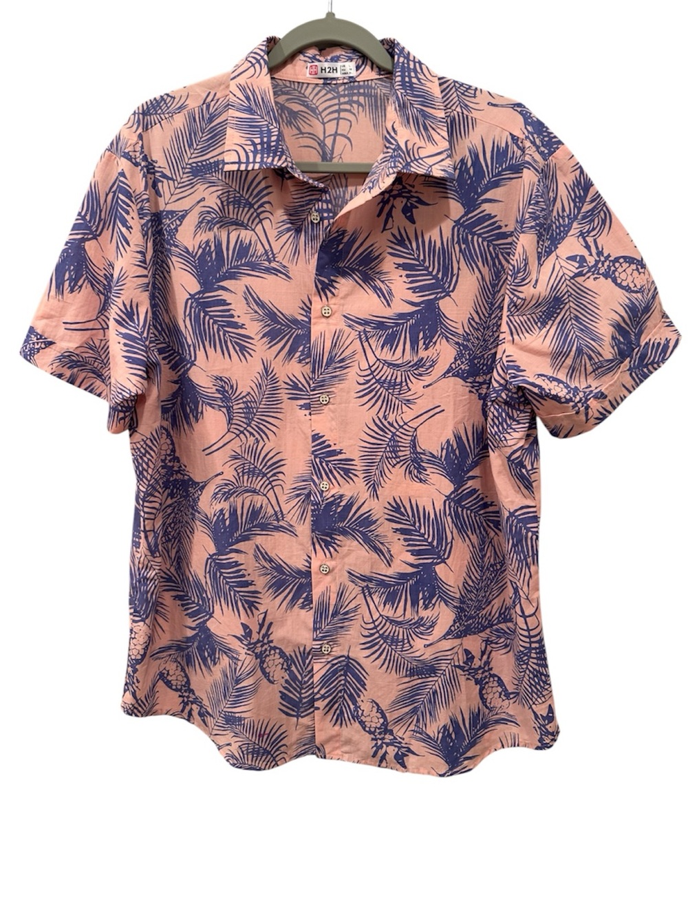 Palm Leaf Pineapple Cotton Button Down Shirt Tropical Resortwear Coastal Sz L